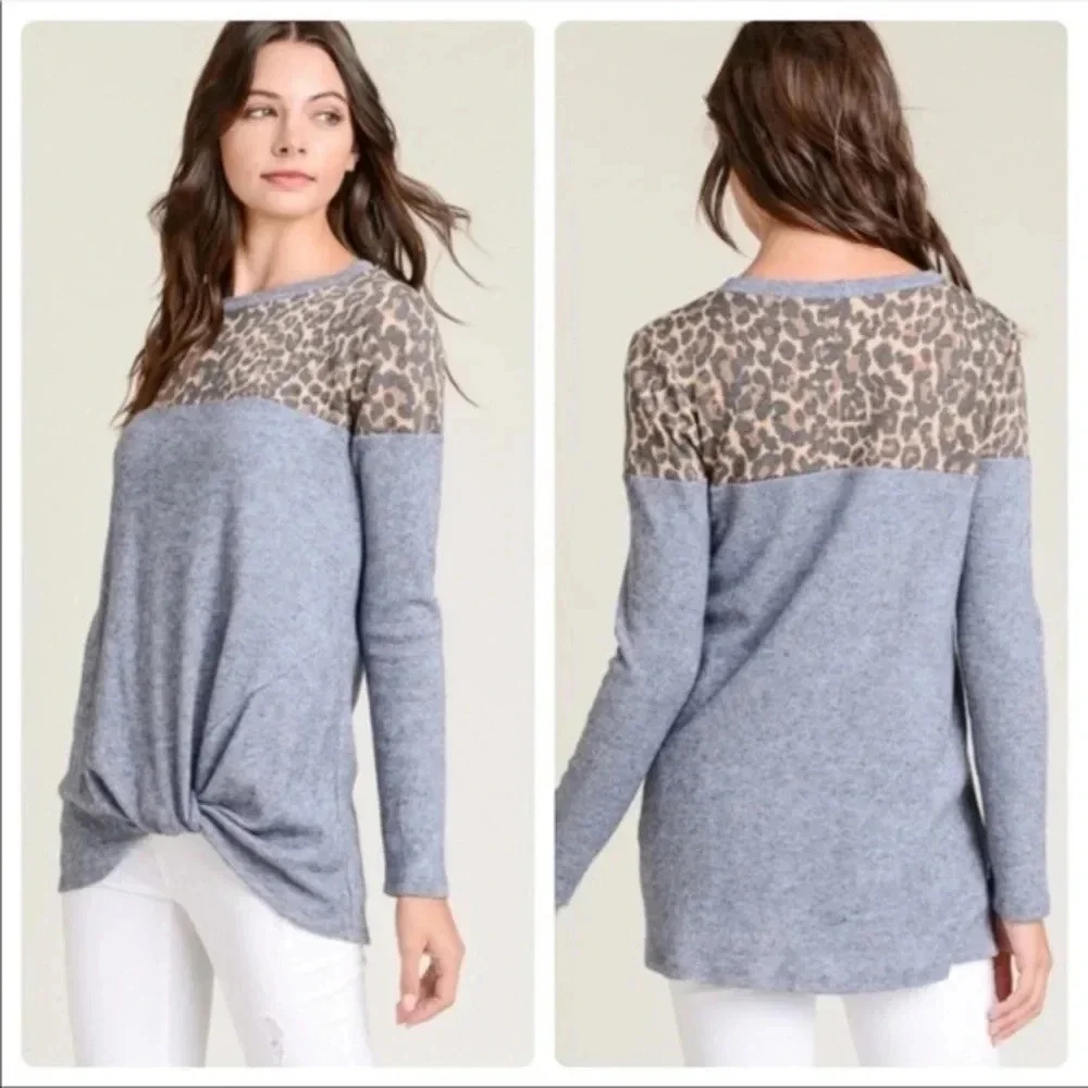 Leopard Contrast Blue Long Sleeve Top | Soft Twist Hem Knit